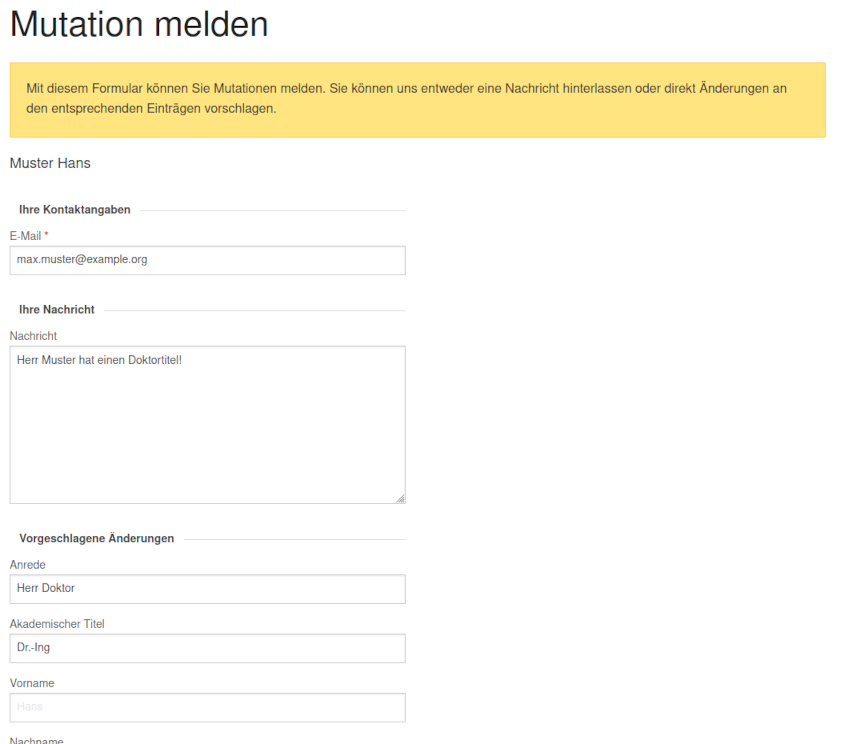 Mit dem neuen Formular für Muationsmeldungen können direkt Änderungen für konkrete Felder vorgeschlagen werden.